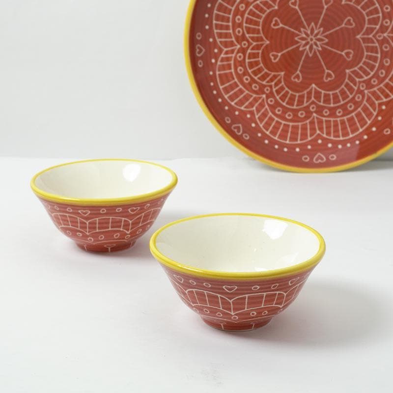 Buy Revista Mandala Plate With Bowl (Red) Plate & bowl from Vaaree