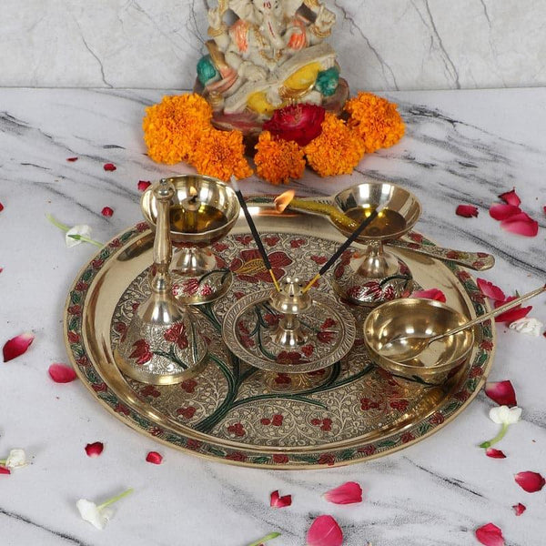 Buy Brass Meena Pooja Thali - Set Of Six Pooja Thali & Sets from Vaaree