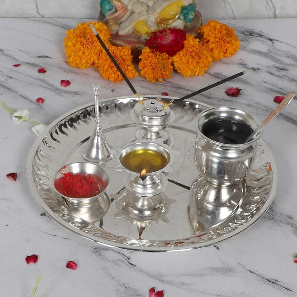 Buy Pooja Thali & Sets - Silver Sacred Pooja Thali Set at Vaaree online