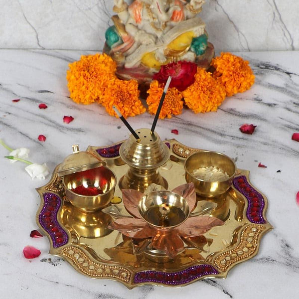 Buy Pooja Thali & Sets - Svecha Brass Pooja Thali Set at Vaaree online