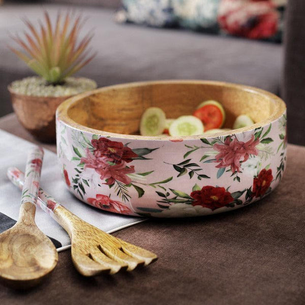 Buy Floral Timber Salad Bowl & Cutlery Serving Bowl from Vaaree