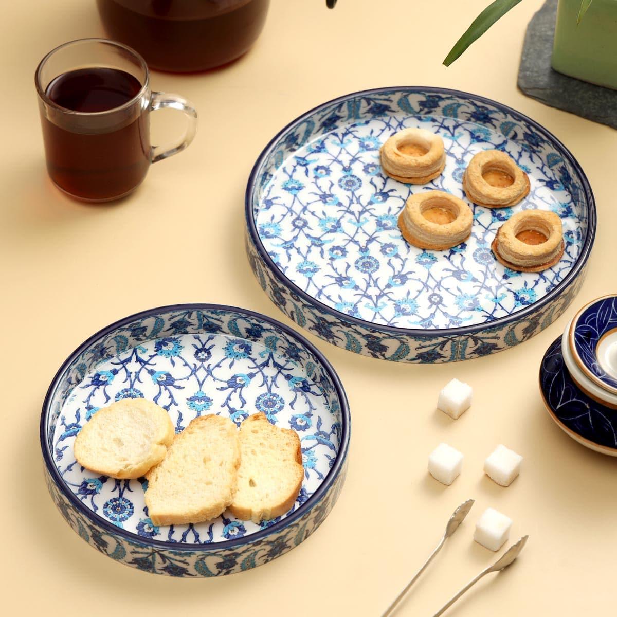 Buy Indigo Florets Circular Serving Tray - Set Of Two Serving Tray from Vaaree