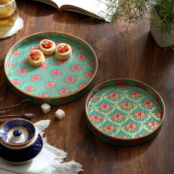 Serving Tray - Kamla Kanthara Ethnic Round Tray (Green) - Set Of Two