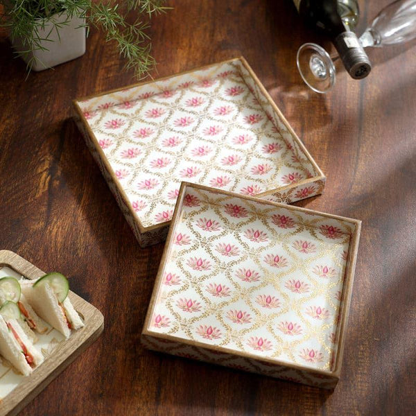 Serving Tray - Kamla Kanthara Ethnic Square Tray (Pink) - Set Of Two