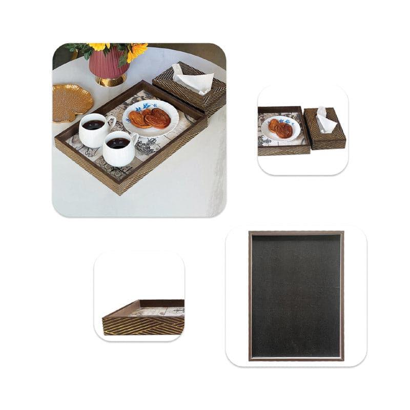 Serving Tray - Stripe Stride Tray & Tissue Box (Brown) - Set Of Two