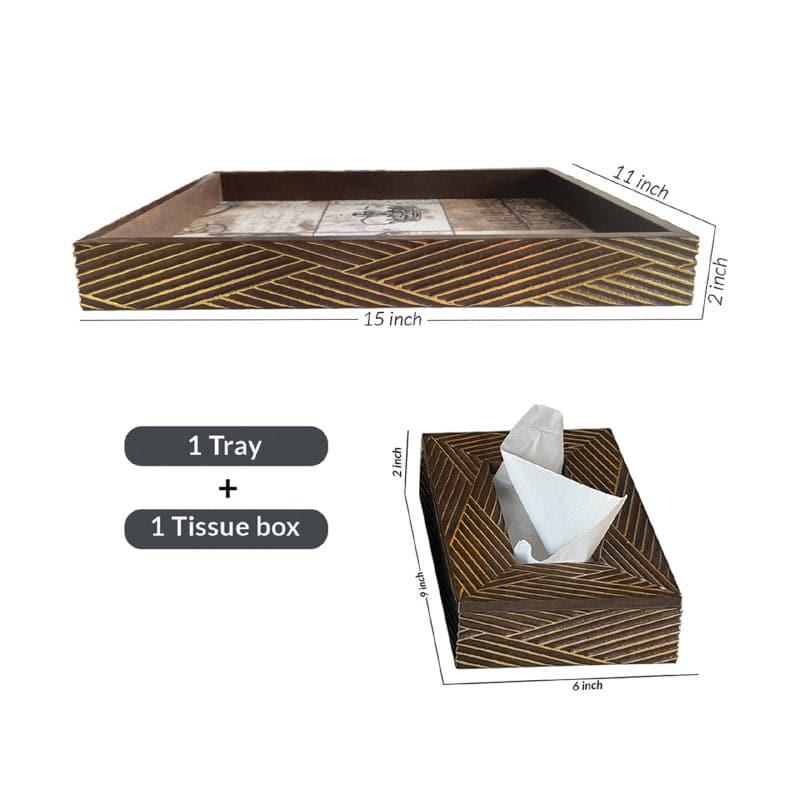 Serving Tray - Stripe Stride Tray & Tissue Box (Brown) - Set Of Two