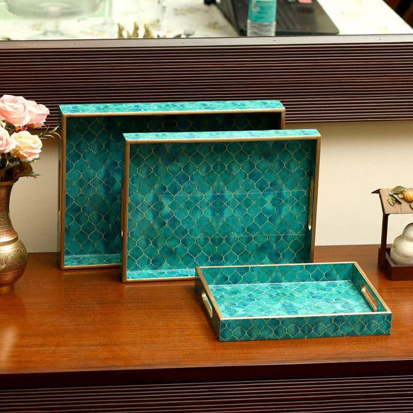 Serving Tray - Teal Drip Serving Tray - Set Of Three