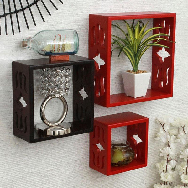 Shelves - Cube Floating Wall Shelf (Red & Brown) - Set Of Three