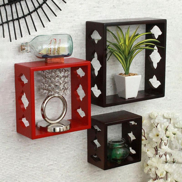 Shelves - Cubix Floating Wall Shelf (Brown & Red) - Set Of Three