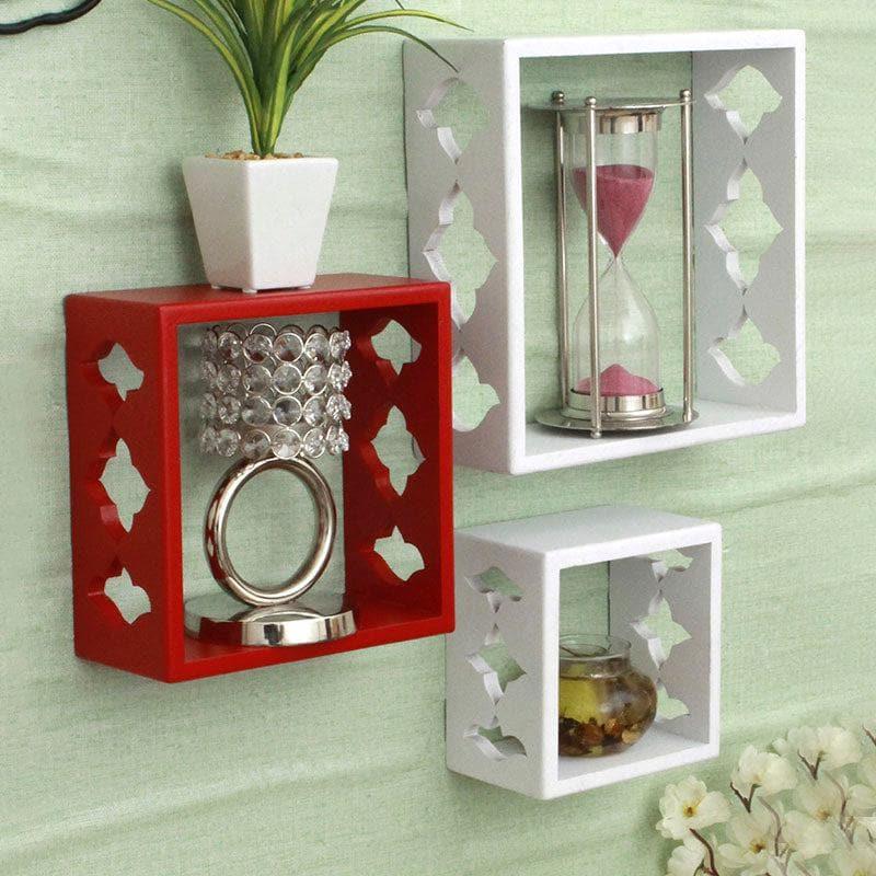 Shelves - Cubix Floating Wall Shelf (White & Red) - Set Of Three