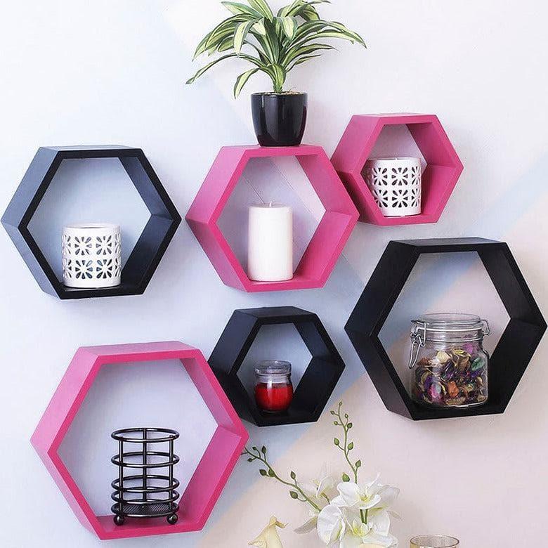 Shelves - Hexa Comb Wall Shelf - Black & Pink - Set Of Six