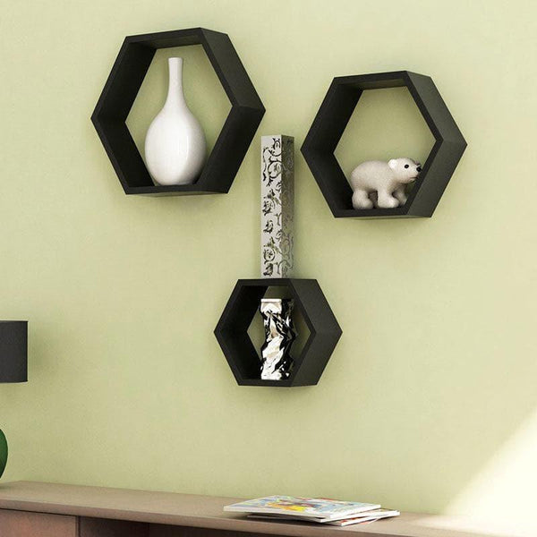 Shelves - Hexa Comb Wall Shelf - Black - Set Of Three