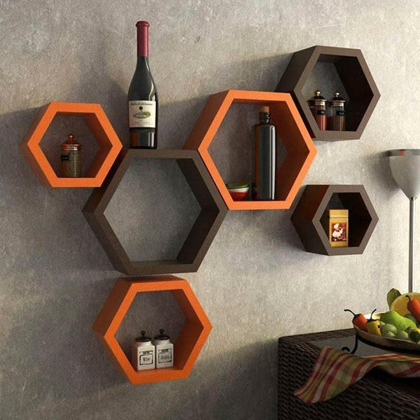 Shelves - Hexa Comb Wall Shelf - Brown & Orange - Set Of Three