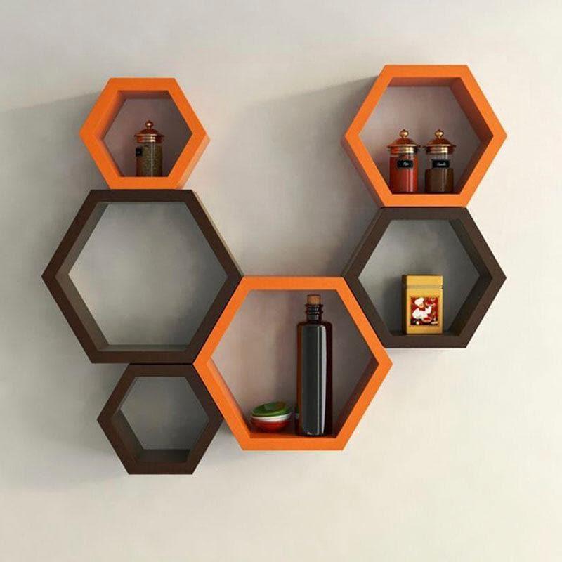 Shelves - Hexa Comb Wall Shelf - Brown & Orange - Set Of Three