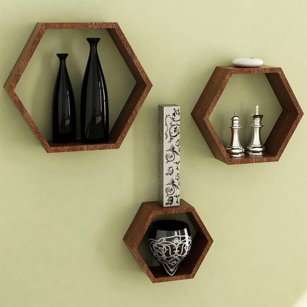 Shelves - Hexa Comb Wall Shelf - Brown - Set Of Three