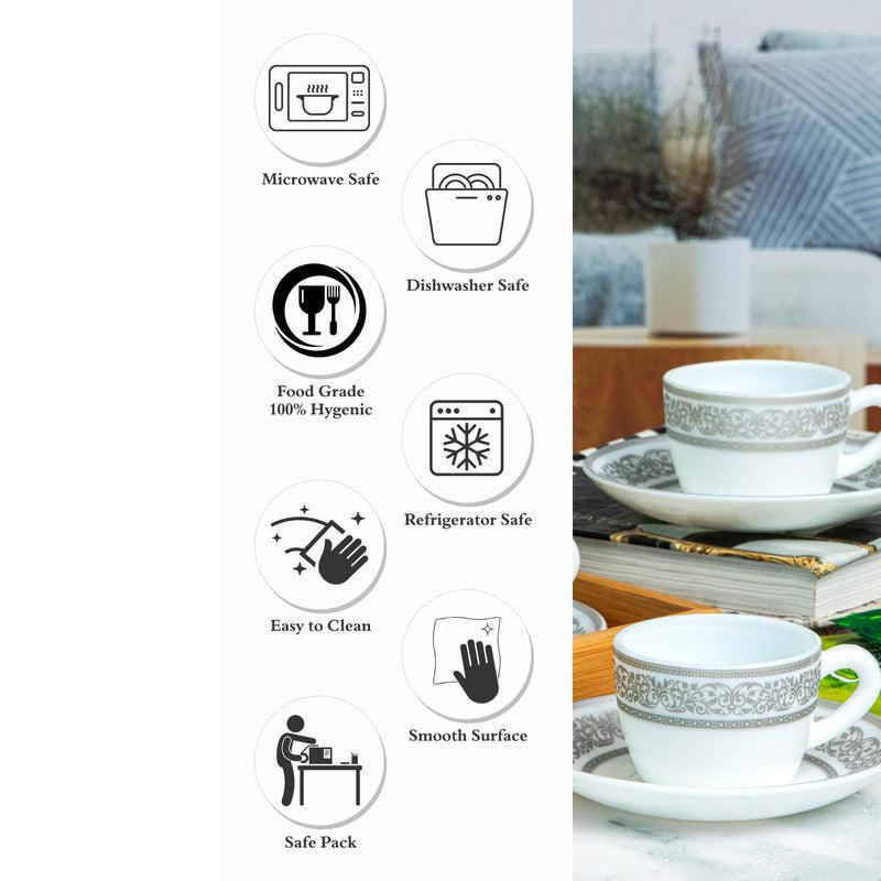 Tea Cup & Saucer - Aari Ethnic Grey Cup & Saucer (130 ML) - Twelve Piece Set