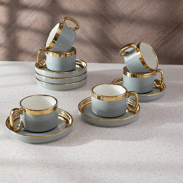 Tea Cup & Saucer - Dorvae Grey Cup & Saucer Set (200 ML) - Twelve Piece Set