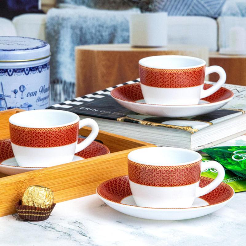 Tea Cup & Saucer - Gingera Ethnic Red Cup & Saucer (130 ML) - Twelve Piece Set