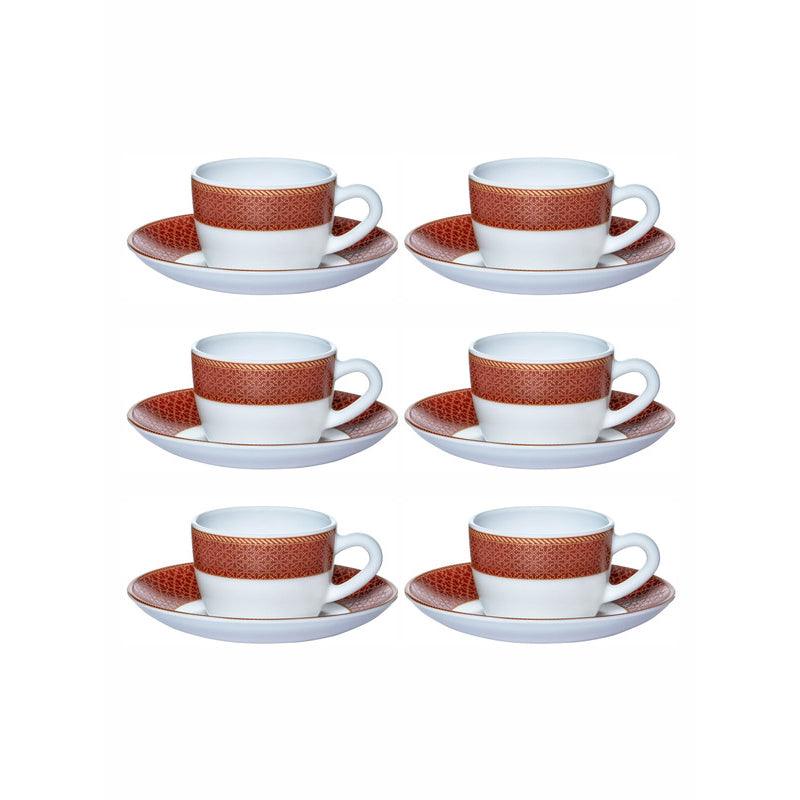 Tea Cup & Saucer - Gingera Ethnic Red Cup & Saucer (130 ML) - Twelve Piece Set