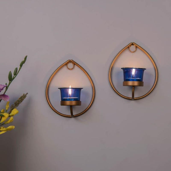 Buy Gold Drip Sconce Candle Holder (Blue) - Set Of Two Candle Holders from Vaaree