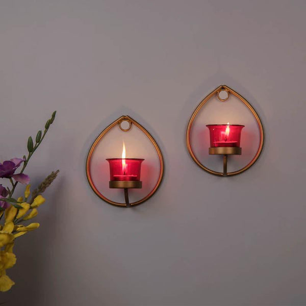 Tea Light Candle Holders - Gold Drip Sconce Candle Holder (Red) - Set Of Two