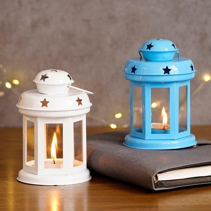 Tea Light Candle Holders - Lantern Lore Tealight Candle Holder (Blue & White) - Set Of Two