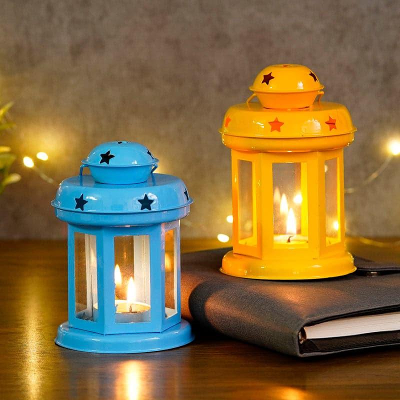 Buy Lantern Lore Tealight Candle Holder (Blue & Yellow) - Set Of Two Candle Holders from Vaaree