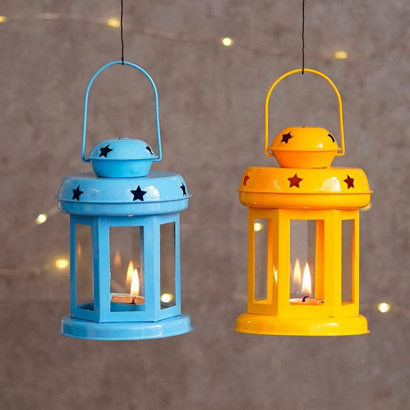 Buy Lantern Lore Tealight Candle Holder (Blue & Yellow) - Set Of Two Candle Holders from Vaaree