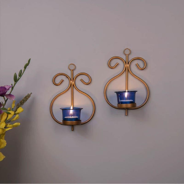 Buy Seina Gold Frame Sconce Candle Holder (Blue) - Set Of Two Candle Holders from Vaaree