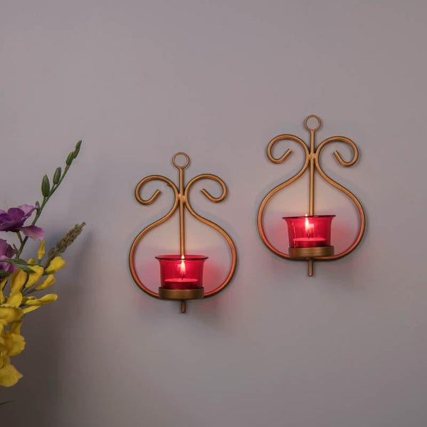 Tea Light Candle Holders - Seina Gold Frame Sconce Candle Holder (Red) - Set Of Two