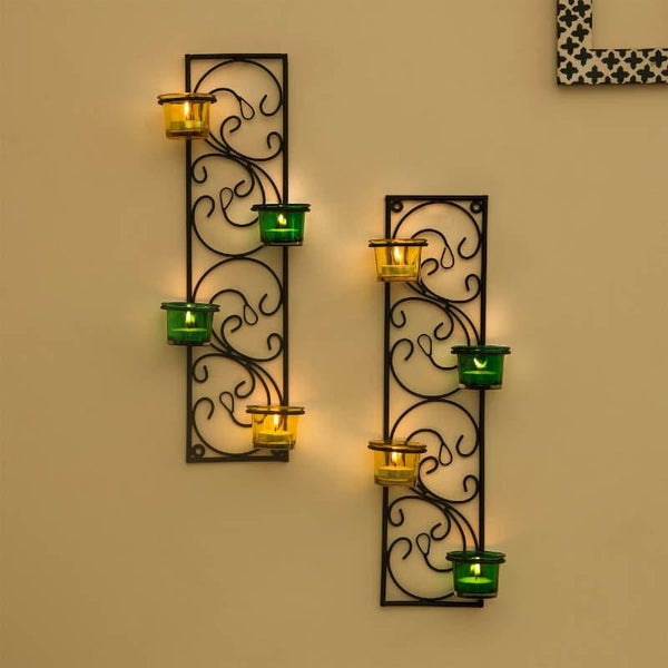 Buy Twisted Luminaire Candle Holder (Green & Yellow) - Set Of Two Candle Holders from Vaaree