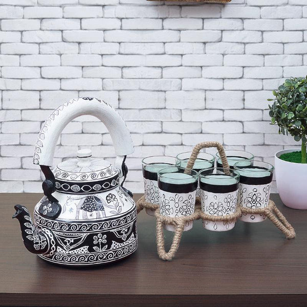 Tea Pot - Brew Serve Handpainted Tea Set (Black & White) - Seven Piece Set