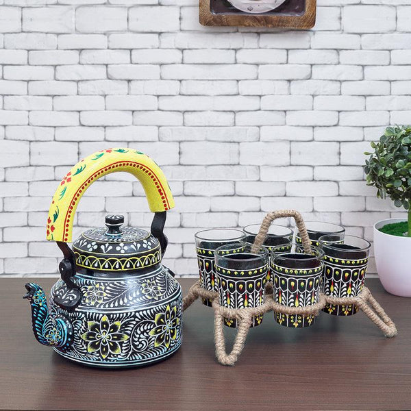 Tea Pot - Brew Serve Handpainted Tea Set (Black & Yellow) - Seven Piece Set