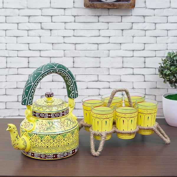 Tea Pot - Brew Serve Handpainted Tea Set (Lime Yellow & Black) - Seven Piece Set