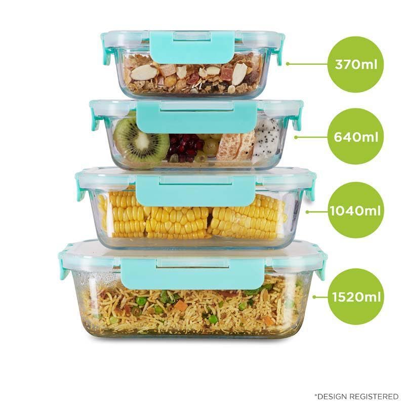 Tiffin Box & Storage Box - Bauble Glass Container (370, 640, 1040, 1520 ML) - Set Of Four