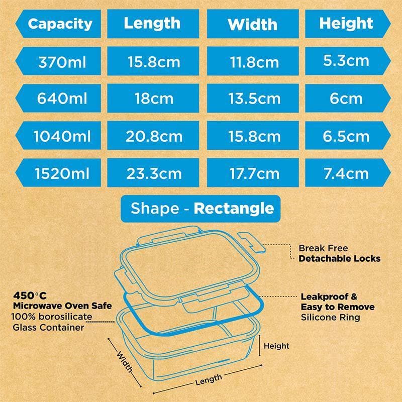 Tiffin Box & Storage Box - Bauble Glass Container (370, 640, 1040, 1520 ML) - Set Of Four