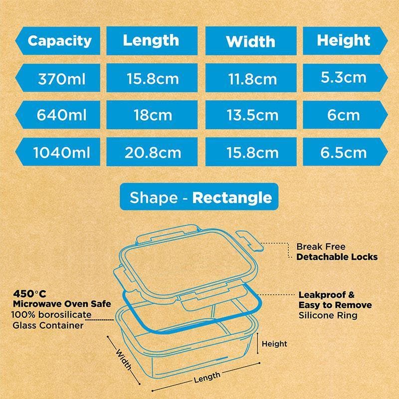 Tiffin Box & Storage Box - Bauble Glass Container (370, 640 & 1040 ML) - Set Of Three