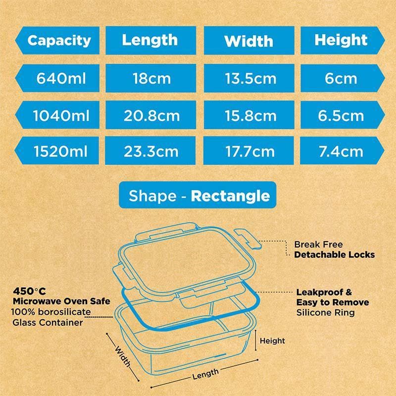 Tiffin Box & Storage Box - Bauble Glass Container (640,1040 & 1520 ML) - Set Of Three