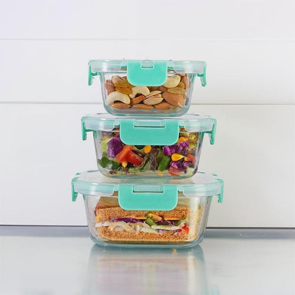 Tiffin Box & Storage Box - Crusade Square Glass Container (310, 520 & 800 ML) - Set Of Three