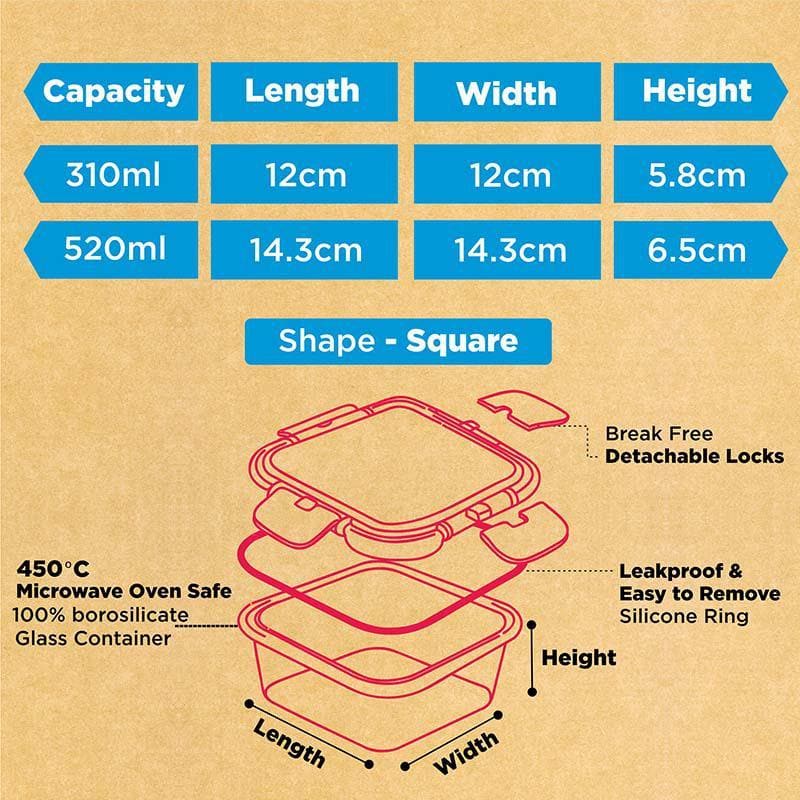 Tiffin Box & Storage Box - Crusade Square Glass Container (310 & 520 ML) - Set Of Two