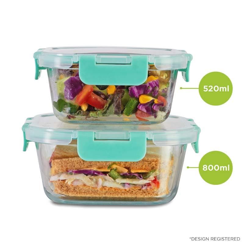 Tiffin Box & Storage Box - Crusade Square Glass Container (520 & 800 ML) - Set Of Two