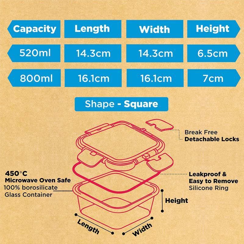 Tiffin Box & Storage Box - Crusade Square Glass Container (520 & 800 ML) - Set Of Two