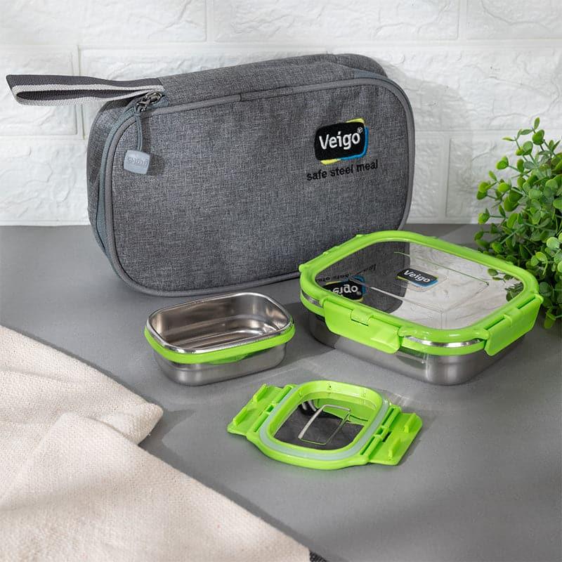 Tiffin Box & Storage Box - Delica Green Lunch Box With Pouch (630/180 ML) - Two Piece Set