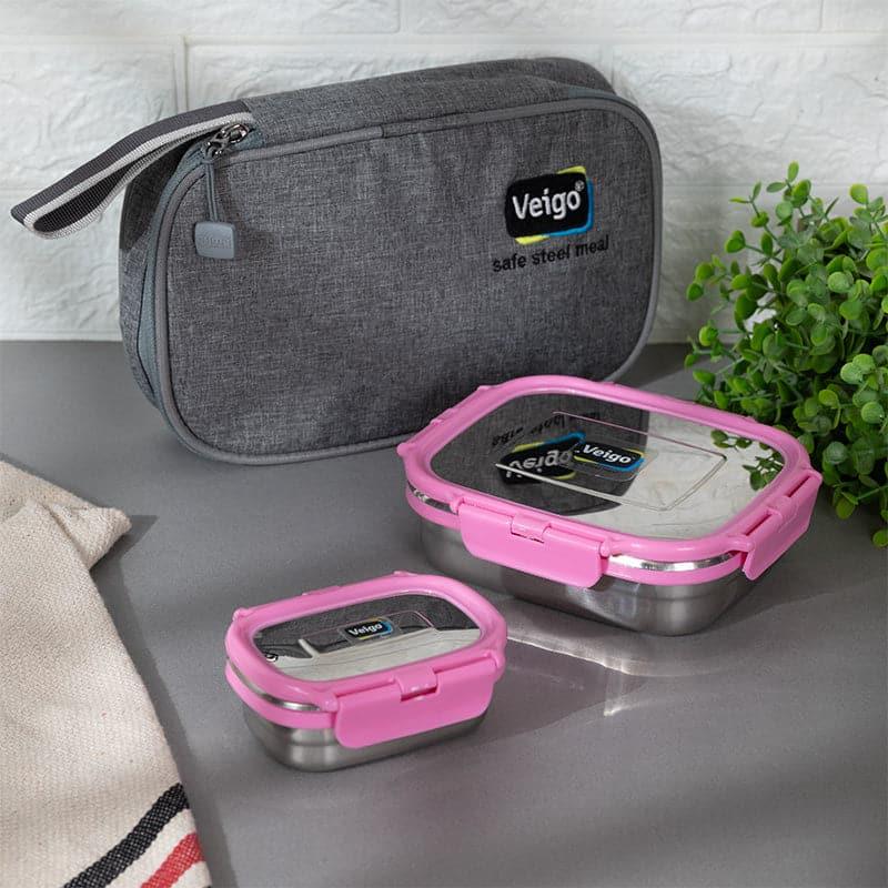 Tiffin Box & Storage Box - Delica Pink Lunch Box With Pouch (630/180 ML) - Two Piece Set