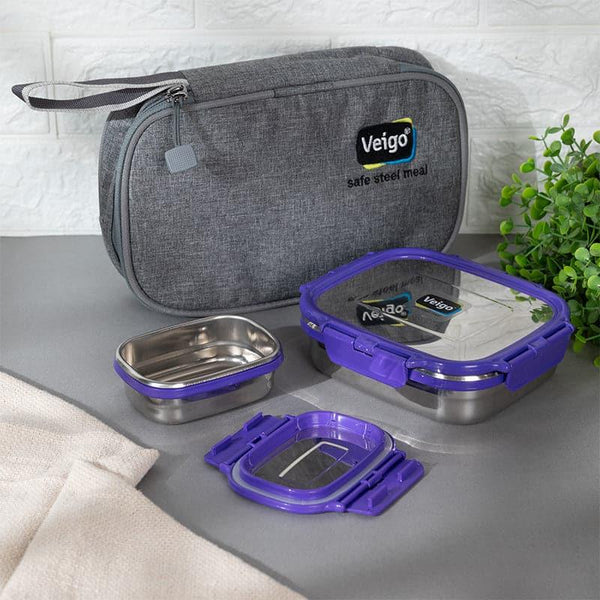 Tiffin Box & Storage Box - Delica Violet Lunch Box With Pouch (630/180 ML) - Two Piece Set