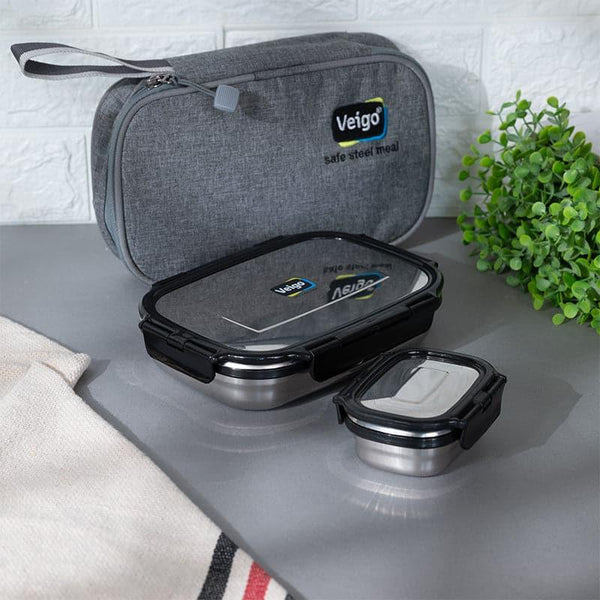 Tiffin Box & Storage Box - Delico Pack Black Lunch Box With Insulated Pouch (950 ML /180 ML) - Two Piece Set
