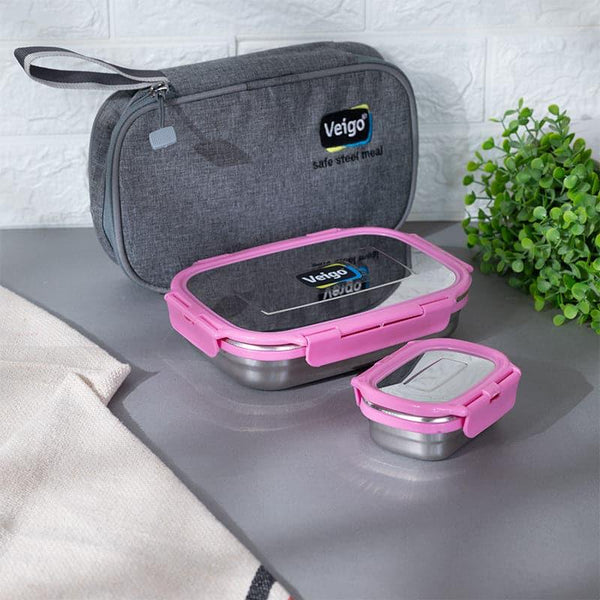 Tiffin Box & Storage Box - Delico Pack Pink Lunch Box With Insulated Pouch (950 ML /180 ML) - Two Piece Set