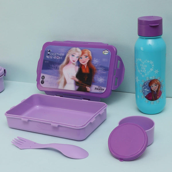 Tiffin Box & Storage Box - Frozen Princesses Lunch Box 700 ML With 600 ML Water Bottle - Two Piece Set