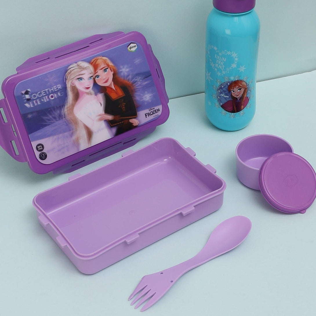 Tiffin Box & Storage Box - Frozen Princesses Lunch Box 700 ML With 600 ML Water Bottle - Two Piece Set