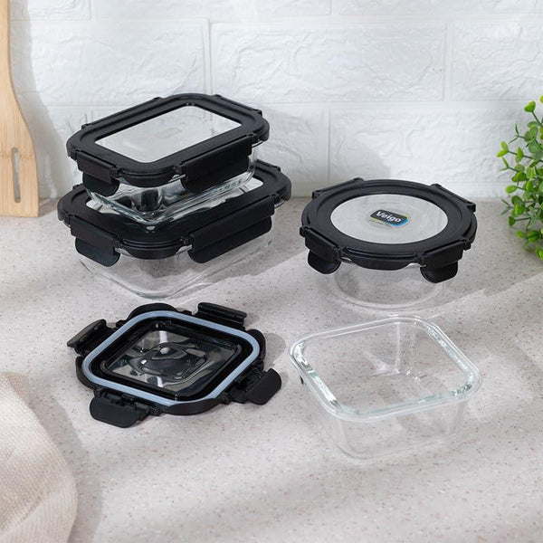 Tiffin Box & Storage Box - Nibble Love Black Glass Lunch Box (370/640/400/320 ML) - Set Of Four